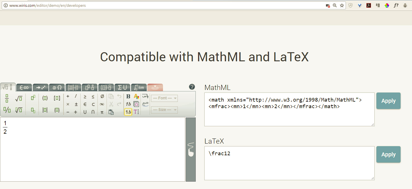 screenshot of wiris editor webpage producing mathml and latex code